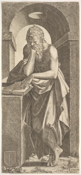 St. Simon standing before an open book with the fingers of his left hand pressed onto the ..., 1545. Creator: Lambert Suavius.