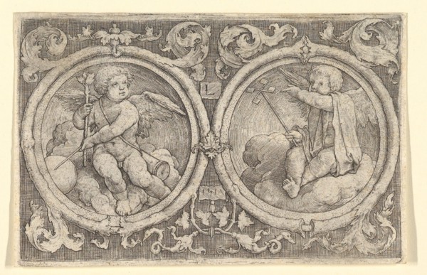Two Putti Seated in Clouds in Circles with Tendrils, 1517. Creator: Lucas van Leyden.