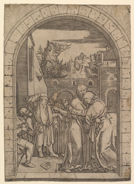 Joachim embracing Saint Anne under the golden gate in Jerusalem, after Dürer, ca. 1500-1534. Creator: Marcantonio Raimondi.