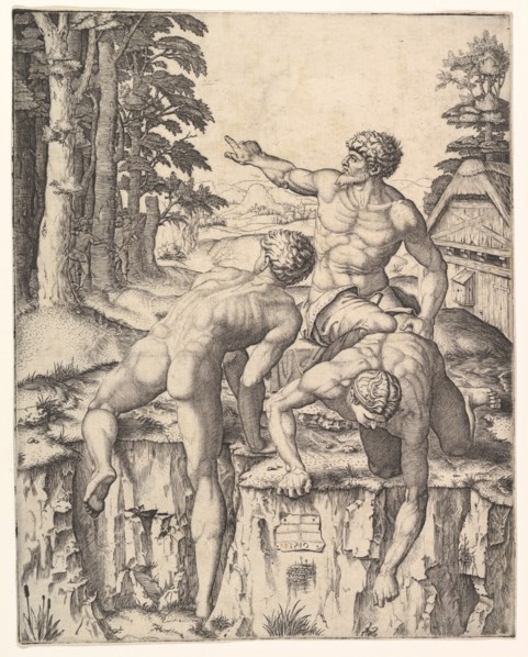 The Climbers: three naked men, one seen from behind climbing onto a river-bank, soldiers e..., 1510. Creator: Marcantonio Raimondi.