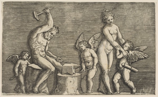 Vulcan seated hammering on an anvil flanked by Venus and three cupids, ca. 1515-27. Creator: Marco Dente.