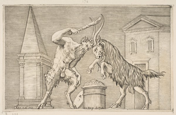 A satyr and a ram attacking each other, the satyr weilding a club with his right ha..., ca. 1515-27. Creator: Marco Dente.