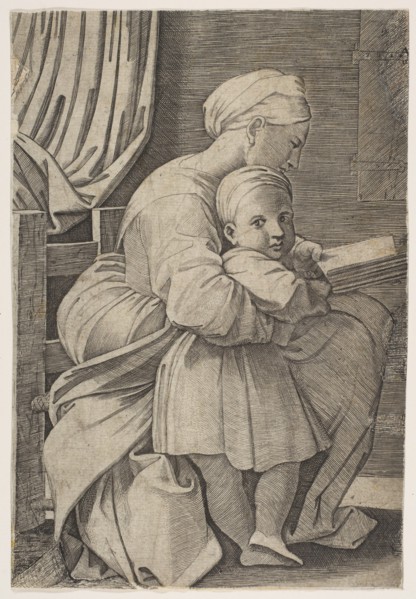 The Virgin in profile facing right reading to the infant Christ, ca. 1515-27. Creator: Attributed to Marco Dente