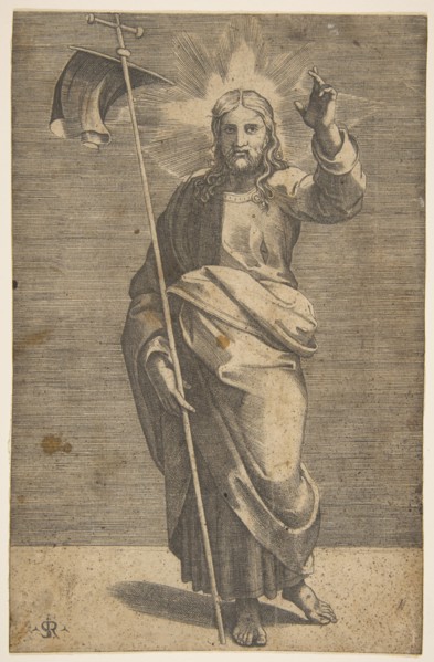 Christ standing facing forward, holding a cross with a banner and raising his left ..., ca. 1515-27. Creator: Marco Dente.