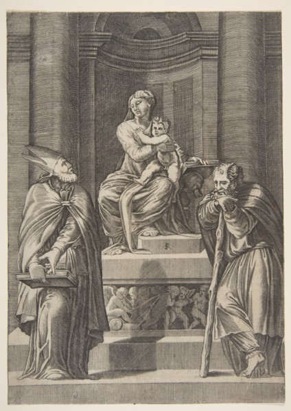 Saint Joseph at left and a bishop at right standing before the altar of the Virgin ..., ca. 1515-27. Creator: Marco Dente.