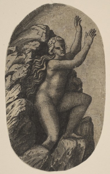 Eurydice naked standing on a rock, her arms raised to the right, ca. 1515-27. Creator: Marco Dente.