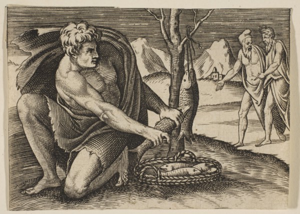 A man kneeling next to a basket of fish and taking one with both hands, two men at ..., ca. 1515-27. Creator: Marco Dente.