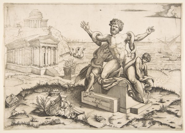 Laocoön and his two sons being attacked by serpents upon a pedestal, a temple to Mi..., ca. 1515-27. Creator: Marco Dente.