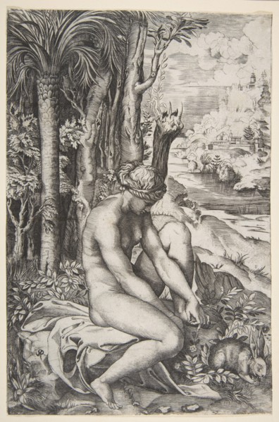 Venus removing a thorn from her left foot while seated on a cloth next to trees, a ..., ca. 1515-27. Creator: Marco Dente.