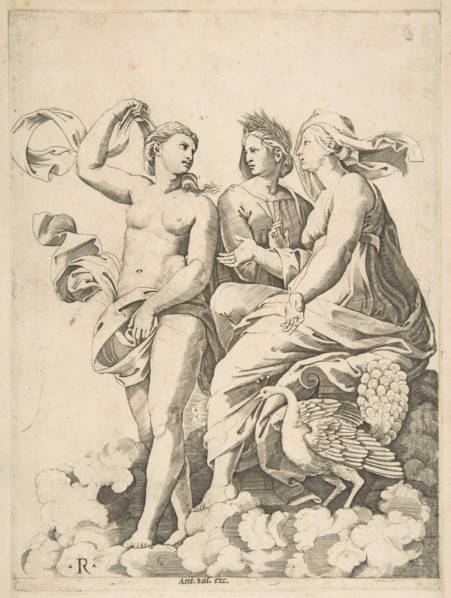 Juno, Ceres, and Psyche in the clouds conversing, Juno seated with a peacock at her..., ca. 1515-27. Creator: Marco Dente.