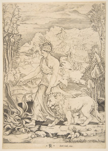 Fortitude in profile view walking toward a fire at left and leading a harnessed lio..., ca. 1515-27. Creator: Marco Dente.