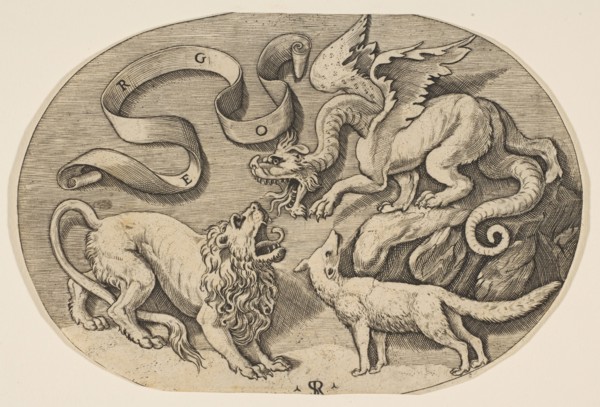 A lion, dragon and fox fighting each other, an inscribed banderole above, an oval c..., ca. 1515-27. Creator: Marco Dente.