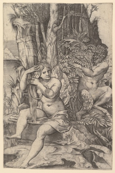 Pan spying on the nymph Syrinx who is seated on a rock, combing her hair, ca. 1516-20. Creator: Marco Dente.