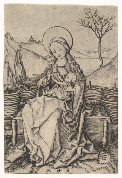 Virgin and Child on a Grassy Bench, ca. 1435-1491. Creator: Martin Schongauer.