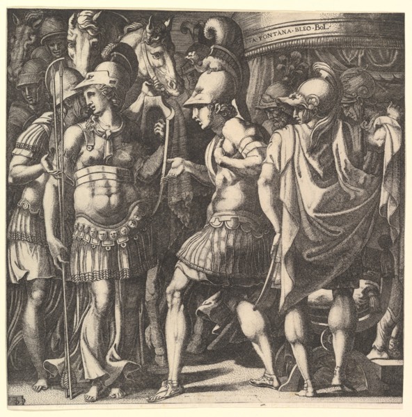 Alexander welcoming Thalestris and the Amazons, mid-16th century. Creator: Master FG.