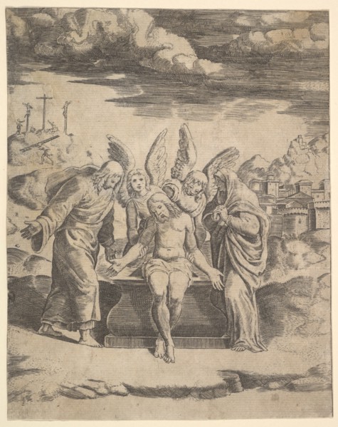 Christ seated on the tomb supported by angels, 1530-60. Creator: Master of the Die.