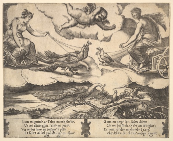 Allegory of Marriage and Love; Juno in a chariot drawn by peacocks at left, Venus in a ..., 1530-60. Creator: Master of the Die.