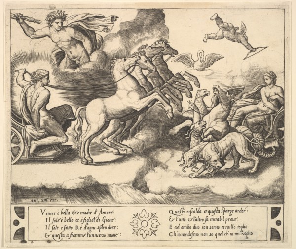 Apollo in his horse-drawn chariot at the left, above him above Jupiter hurls a thunderb..., 1530-60. Creator: Master of the Die.