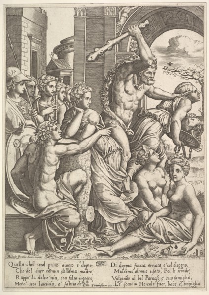 Envy or Avarice at the right being driven from the temple of the Muses by Hercules who ..., 1530-60. Creator: Master of the Die.