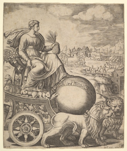 Cybele in her chariot drawn by two lions, 1530-60. Creator: Master of the Die.
