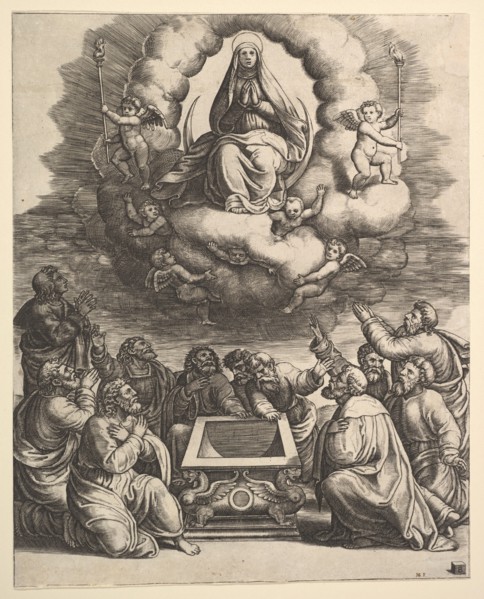 The Assumption of the Virgin, below the apostles surround the tomb, 1530-60. Creator: Master of the Die.