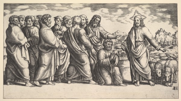 Christ standing at left indicating to a flock of sheep, before him kneels St. Peter hol..., 1530-60. Creator: Master of the Die.