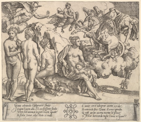 Jupiter tumbling from a horse-drawn carriage at right, Ganymede in the form of an eagle..., 1530-60. Creator: Master of the Die.
