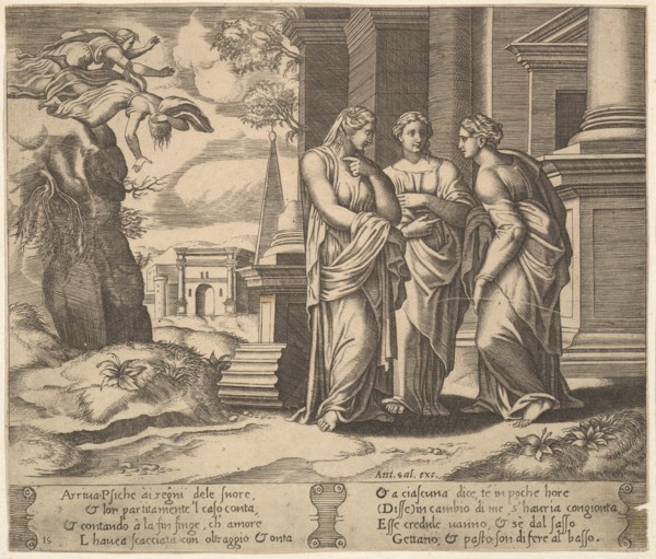 Plate 15: Psyche relating her misfortunes to her sisters, from The Fable of Psyche, 1530-60. Creator: Master of the Die.