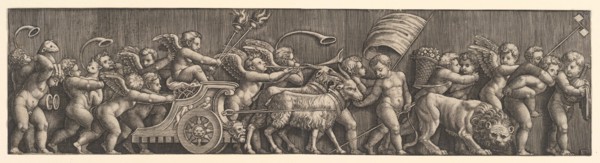 Frieze arrangement depicting the Triumph of Love; Cupid in a Chariot led by goats, man..., 1530-60. Creator: Master of the Die.