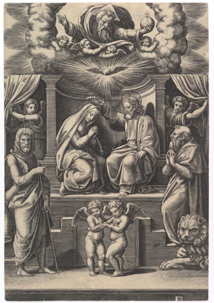 The Coronation of the Virgin, at lower left stands St John the Baptist, at lower right ..., 1530-60. Creator: Master of the Die.