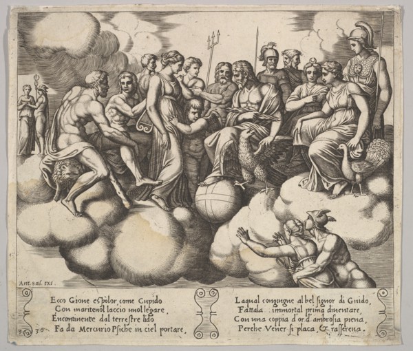 Plate 30: Venus and Cupid pleading their case in the presence of Jupiter and other Gods..., 1530-60. Creator: Master of the Die.