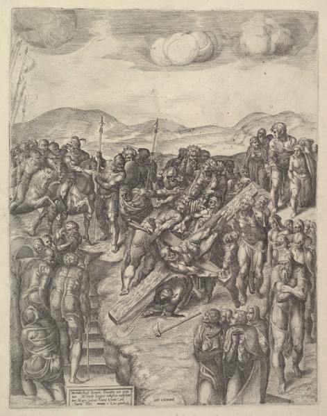 The Crucifixion of Saint Peter, after Michelangelo's frescoes in the Pauline Chapel, Va..., 1550-60. Creator: Michele Lucchese.