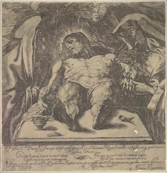 Lamentation over the body of Christ by the three Marys, a jar of ointment on the table to ..., 1615. Creator: Orazio Borgianni.