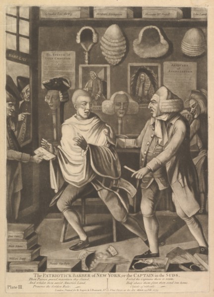 The Patriotick Barber of New York, or the Captain in Suds, February 14, 1775. Creator: Attributed to Philip Dawe