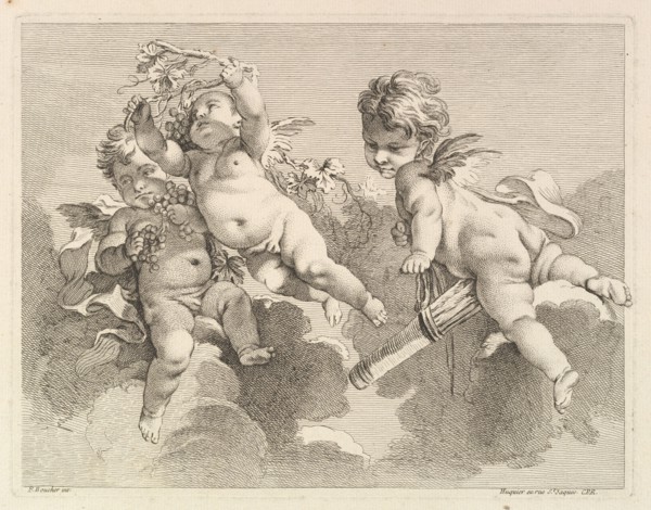 Three Loves, One holding a Quiver, the Other, Grapes, 1727-60. Creator: Pierre Alexandre Aveline.