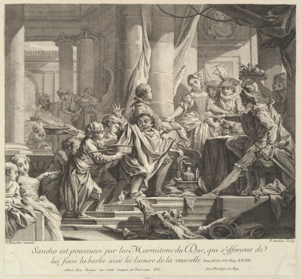 Sancho Pursued by the Kitchen Boys of the Duke, 18th century. Creator: Pierre Alexandre Aveline.