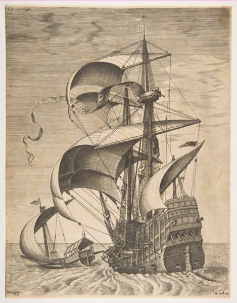 Armed Three-Master on the Open Sea Accompanied by a Galley, from the series Sailing Ves..., 1561-65. Creator: Frans Huys.