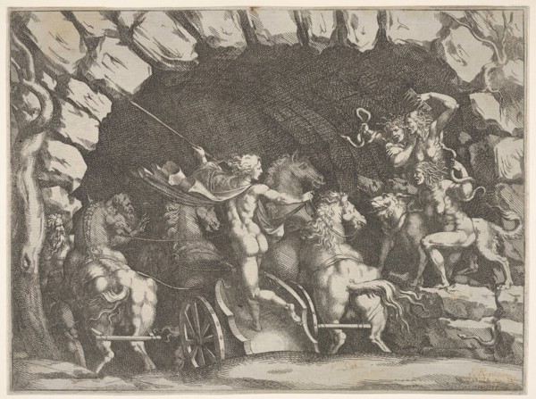 Pluto, seen from behind, entering the Underwold on his chairot, Cereberus and three Fu..., ca. 1680. Creator: Pietro Santi Bartoli.