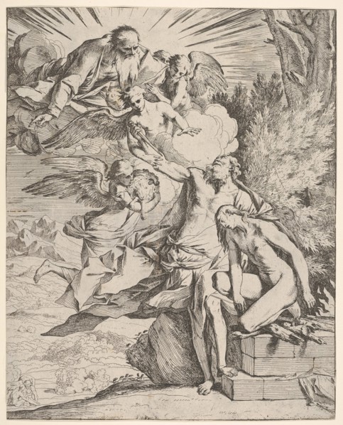 Sacrifice of Isaac: an angel presses against the dagger-bearing arm of Abraham, who ..., ca.1645-50. Creator: Pietro Testa.