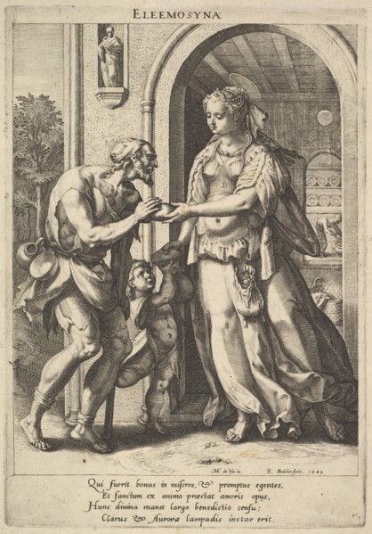 Alms-giving: a woman with pearl headdress and halo hands bread to two male beggars, one be..., 1589. Creator: Raphael Sadeler.