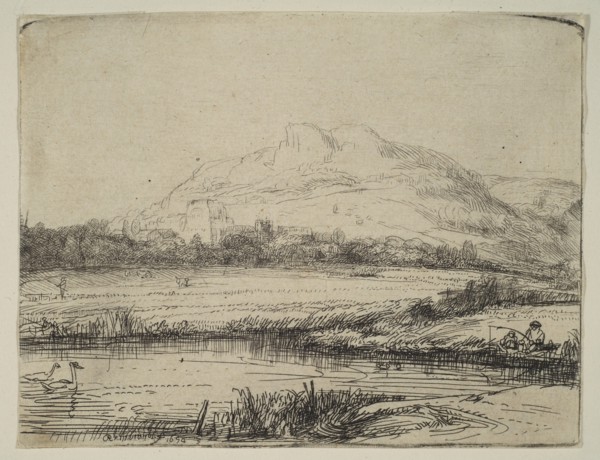 Canal with an Angler and Two Swans, 1650. Creator: Rembrandt Harmensz van Rijn.