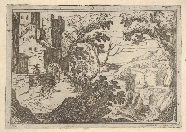 Landscape with buildings to the left and a bridge at right below, ca. 1620-50. Creator: Remigio Cantagallina.