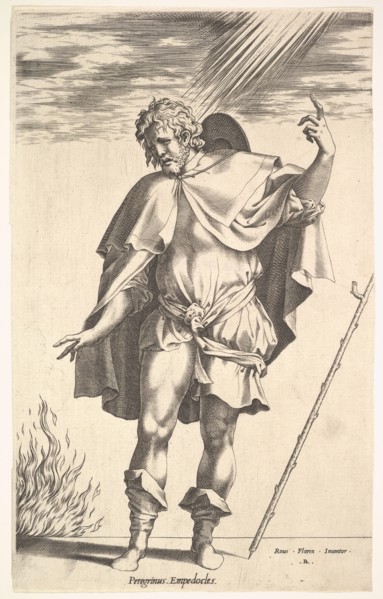 Empedocles, standing frontally with his head turned in three-quarter view, directs ..., ca. 1545-63. Creator: Rene Boyvin.
