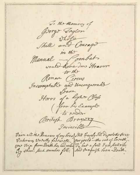 To the Memory of George Taylor Whose Skill and Courage in Manual Combat Would Have Done Ho..., 1782. Creator: Richard Livesay.