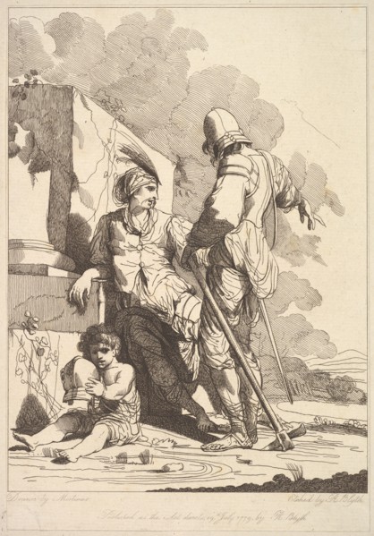 Two Soldiers and Child Holding a Helmet, July 19, 1779. Creator: Robert Blyth.