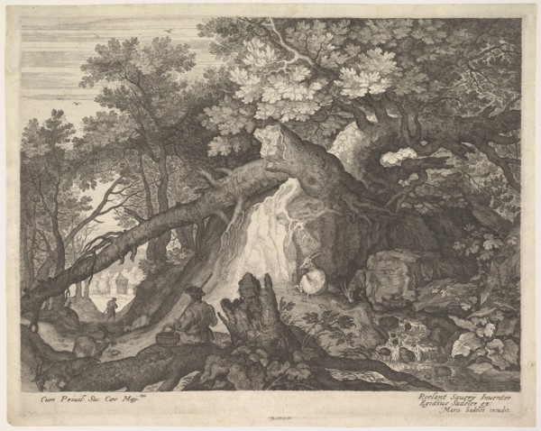 A man holding a staff and seated on a tree trunk; with two goats to either side; surro..., ca. 1600. Creator: Aegidius Sadeler II.