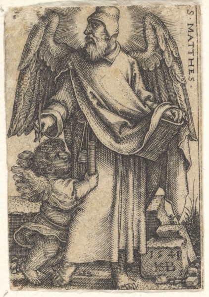 Plate 1: Saint Matthew with his head turned in profile to the left, a cherub at bottom lef..., 1541. Creator: Sebald Beham.