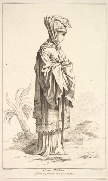 Dona Mitilena, from Recueil de diverses fig.res étrangeres Inventées par F. Bouche..., 18th century. Creator: Simon François Ravenet.