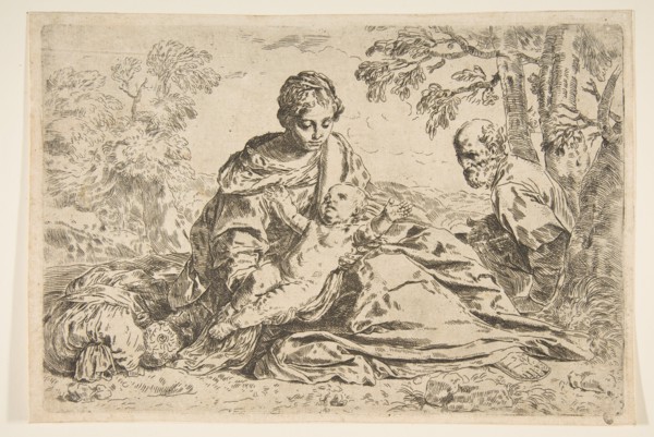 Rest on the flight into Egypt, Mary holding the infant Christ with St. Joseph ..., ca.1640 or after. Creator: Unknown.