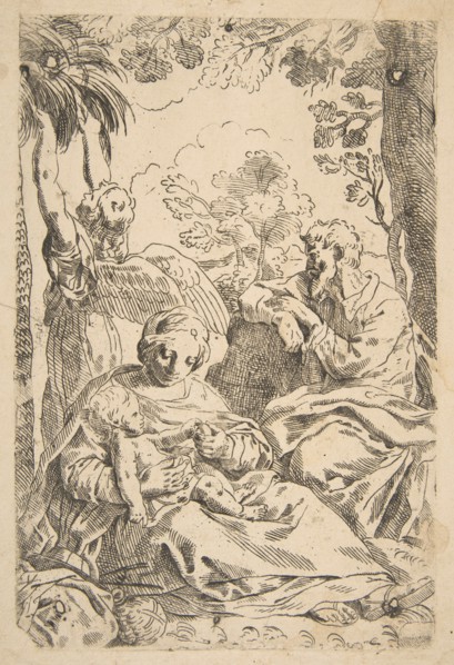Repose in Egypt, Holy Family seated while an angel pulls at tree branche..., ca. 1637-1639 or after. Creator: Unknown.